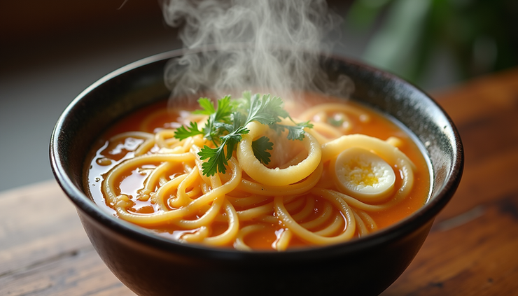 High angle view of a steaming bowl of instant noodle soup with egg ribbons and vegetables