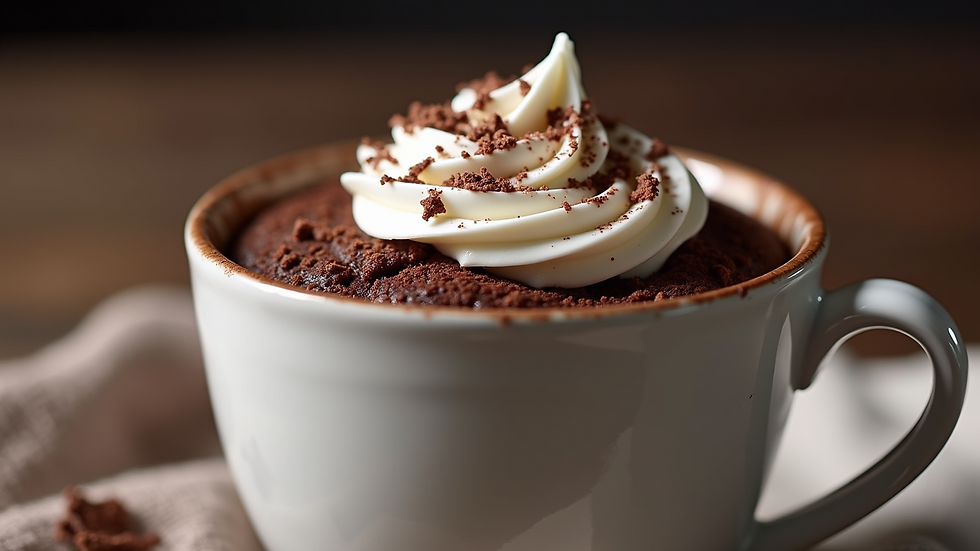 Close-up view of a chocolate mug cake topped with whipped cream