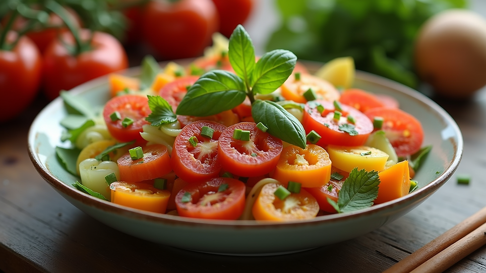Close-up view of a colorful plate of fresh vegetables and grains
