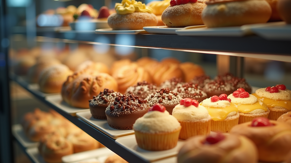 Close-up view of a colorful bakery display with pastries