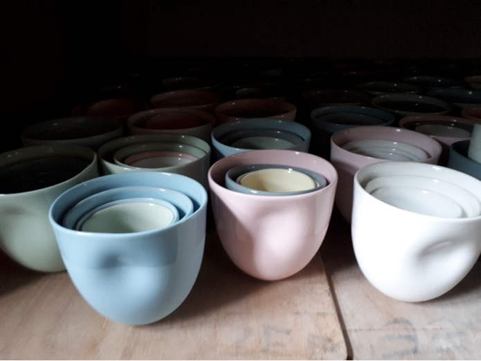 (some of Carola’s slipcast work manufactured in Jingdezhen)