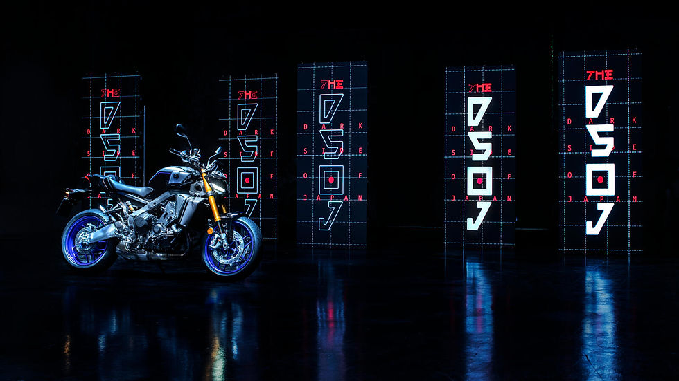the new Yamaha MT-09 SP in front of "Dark Side of Japan" panels