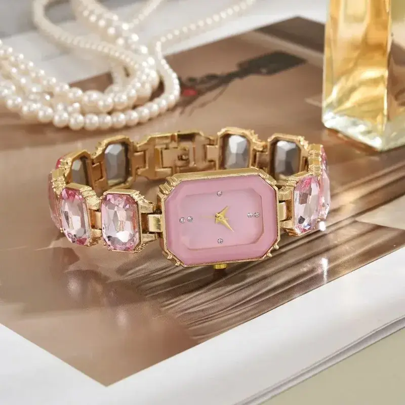 Thumbnail: New Retro Shiny Rectangular Dial Rhinestone Bracelet Women’s Luxury Wristwatch