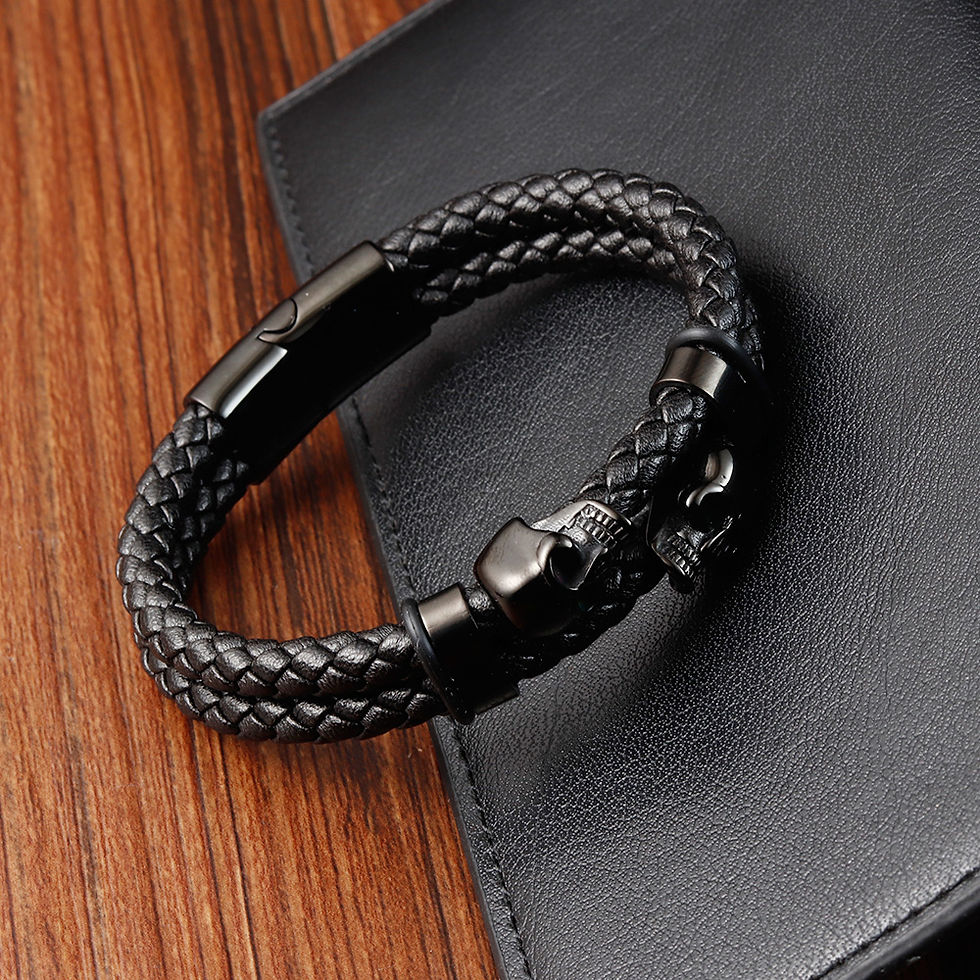 Thumbnail: Men's Punk Stainless Steel Leather Bracelet Multi-Layer Black Braided Charm Magn
