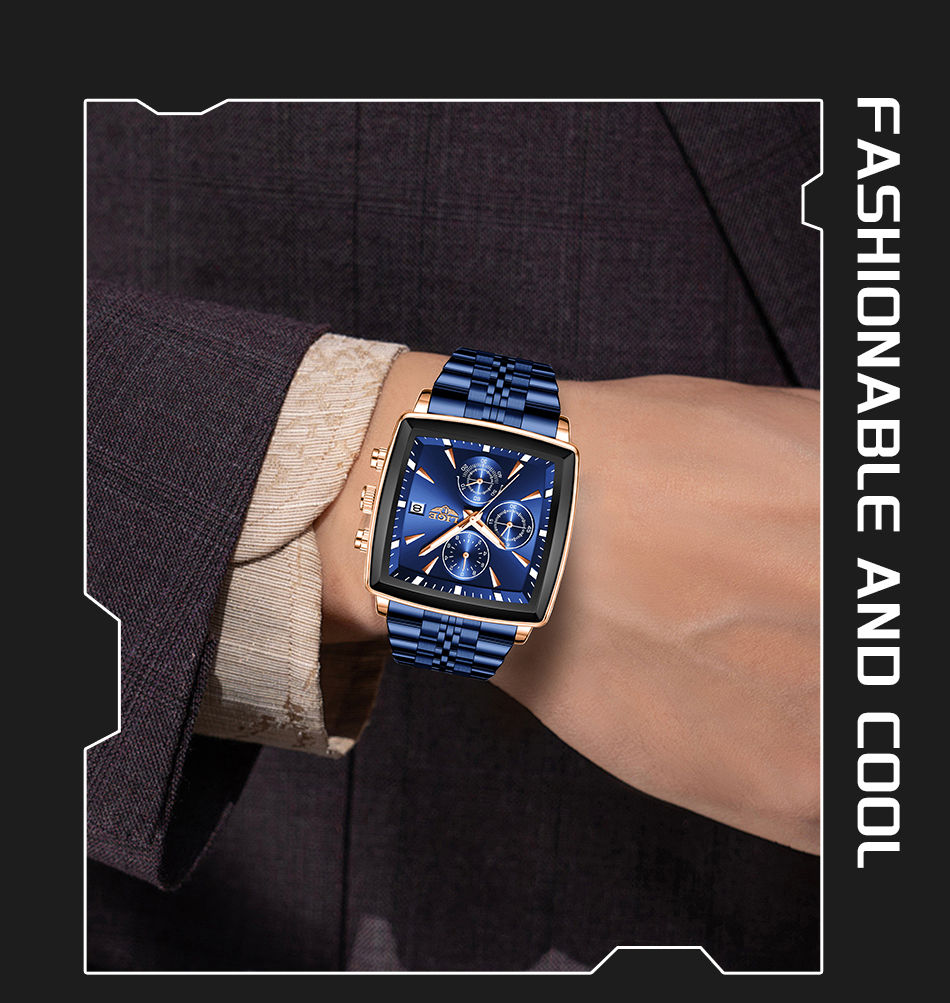 Thumbnail: LIGE Luxury Mens Watches Fashion Military Square Chronograph Quartz Wristwatches