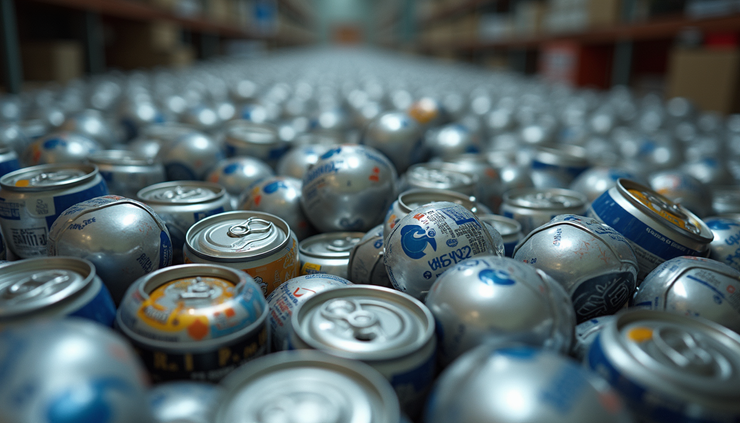 Eye-level view of aluminum cans collected for recycling