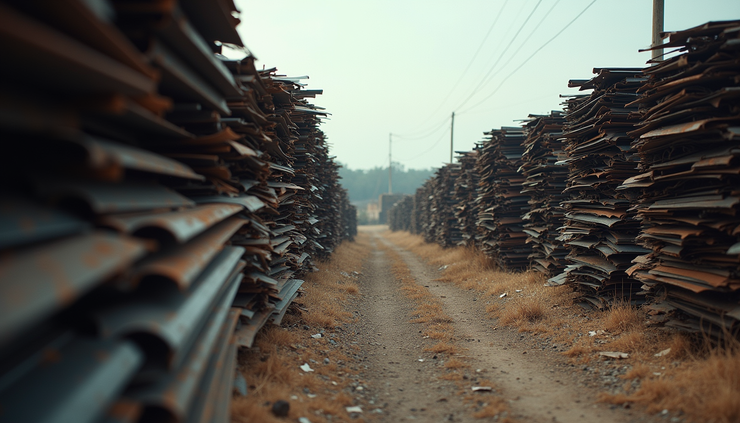 Eye-level view of a rural metal scrap collection site with stacked metal pieces