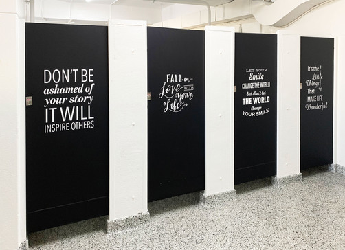 ID: bathroom doors black with white text
