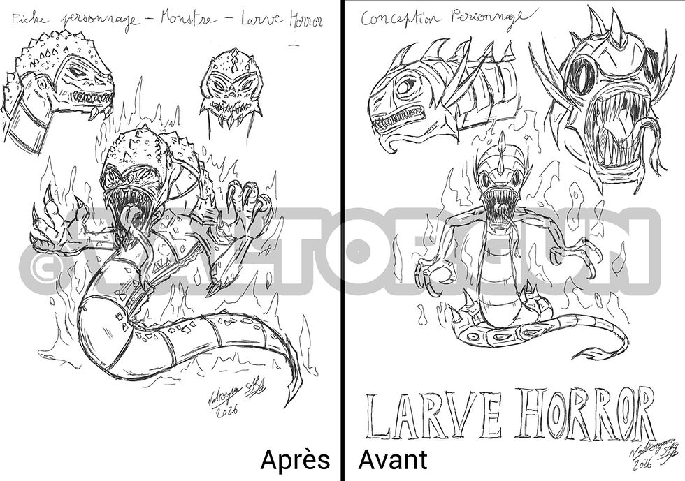 Évolution d’un monstre manga : Larve Horror (Avant / Après).
