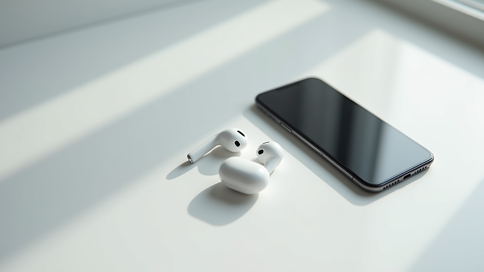 Close-up view of a smartphone and wireless earbuds on a white surface