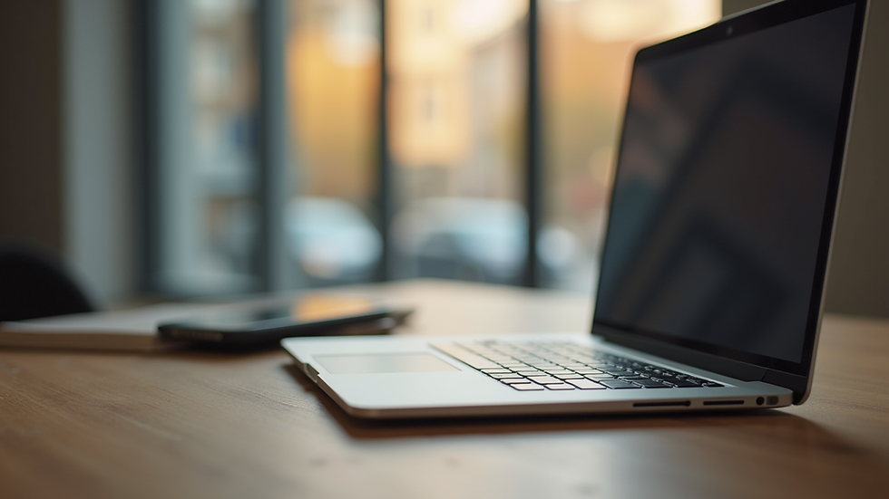 Eye-level view of a laptop and smartphone on a wooden desk