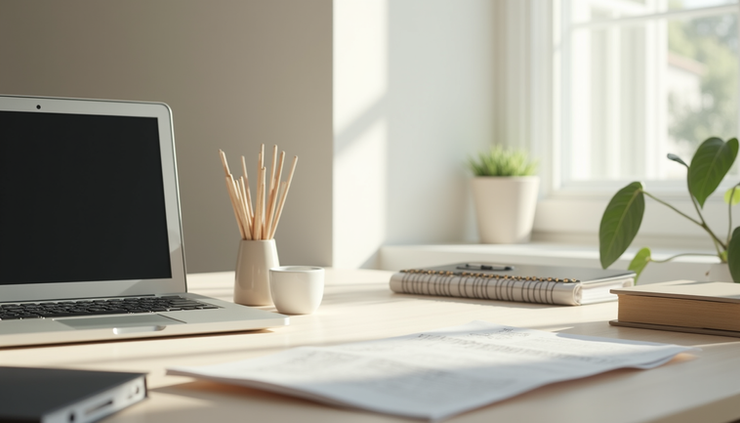 Eye-level view of a clean desk with minimal items and natural light