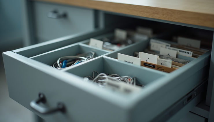 High angle view of organized office drawers with labeled compartments