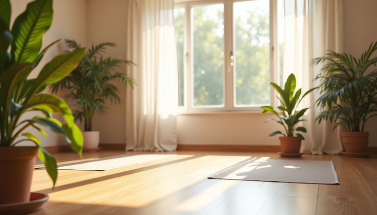 Eye-level view of a bright yoga studio with natural light and plants