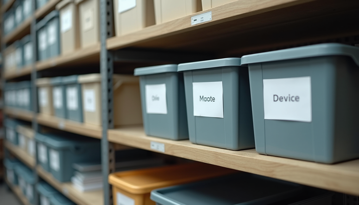 Close-up view of labeled storage bins and neatly arranged office supplies