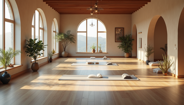 High angle view of a yoga studio with distinct zones for practice and relaxation
