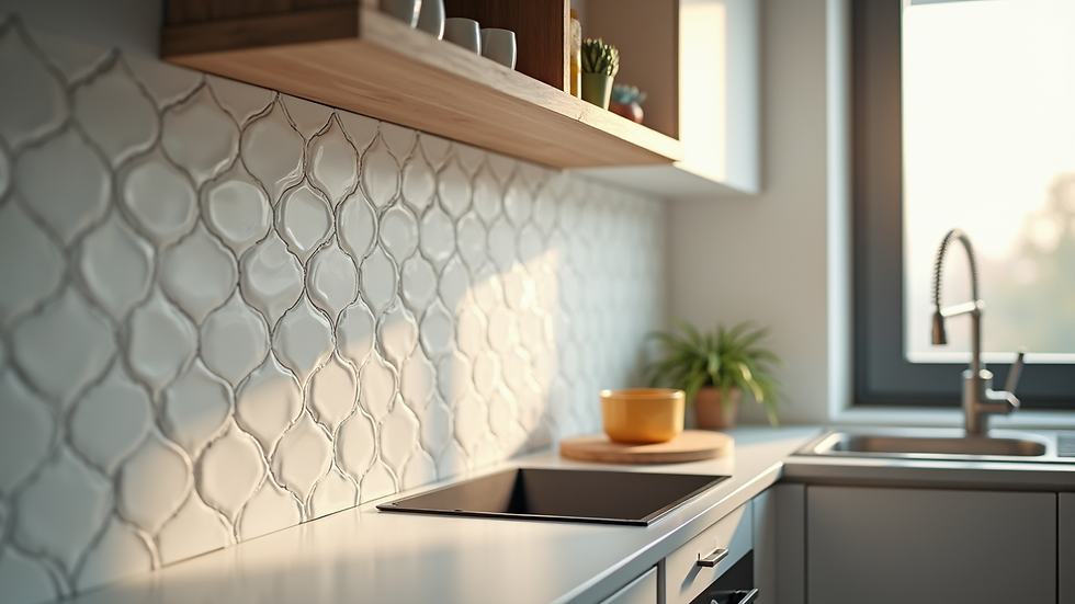 High angle view of a kitchen backsplash with peel-and-stick tiles