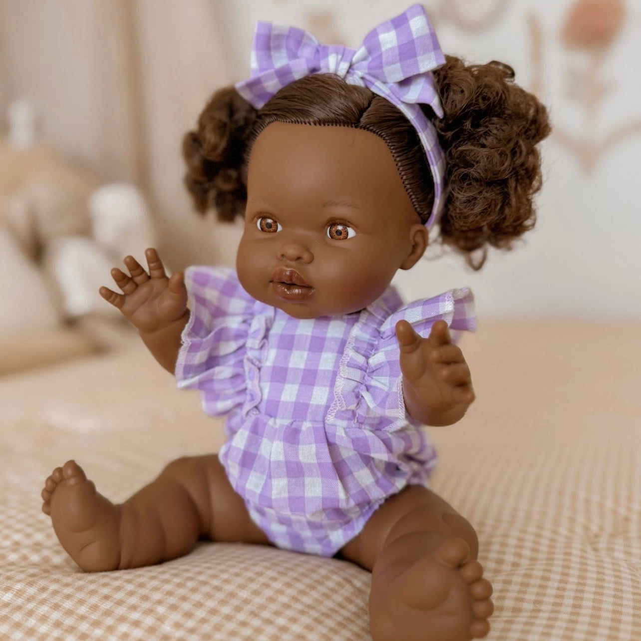 Combinaison Poupée — Vichy Lilas, avec bandeau nœud