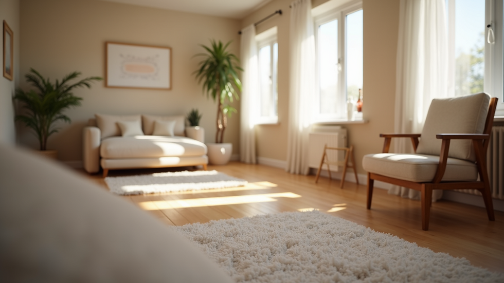 Eye-level view of a cozy therapy room with comfortable seating