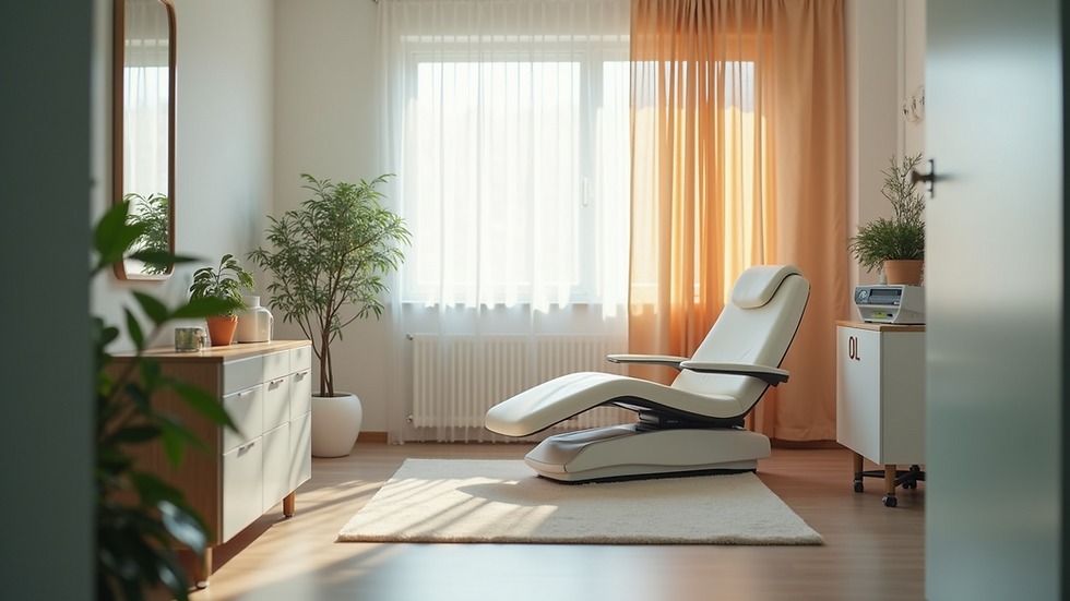 Eye-level view of a wellness clinic room with a comfortable chair and medical equipment