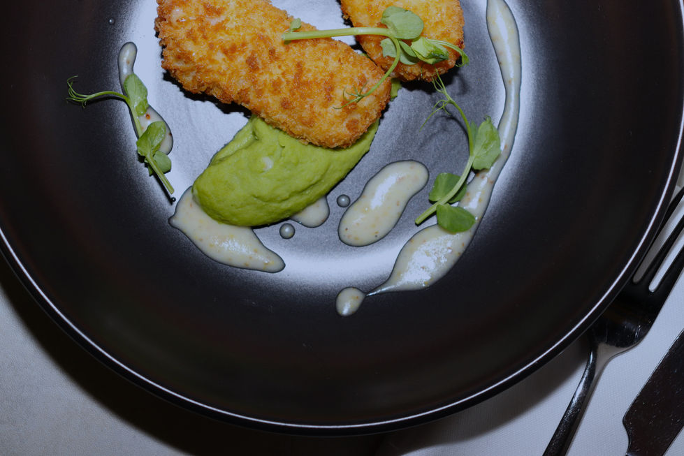 Ham and Cheese Croquettes, Pea Puree, Mustard Dressing