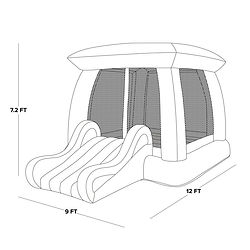 descriptive diagram of the "My 1st Jump n Play Bounce House" showing dimensions of 9x12x7.2