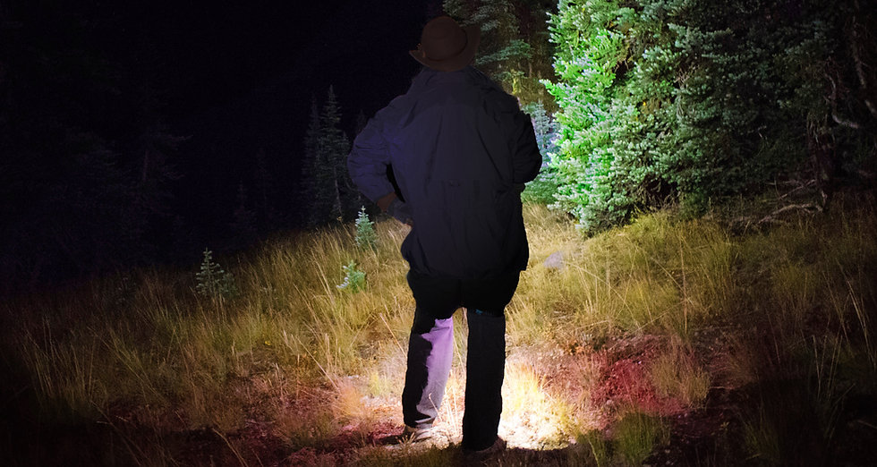 Hiker in forest showing wide peripheral LED lighting