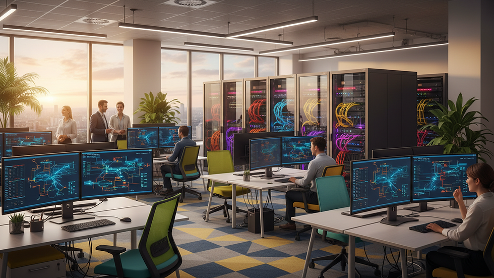 Eye-level view of a modern office with computers and network equipment