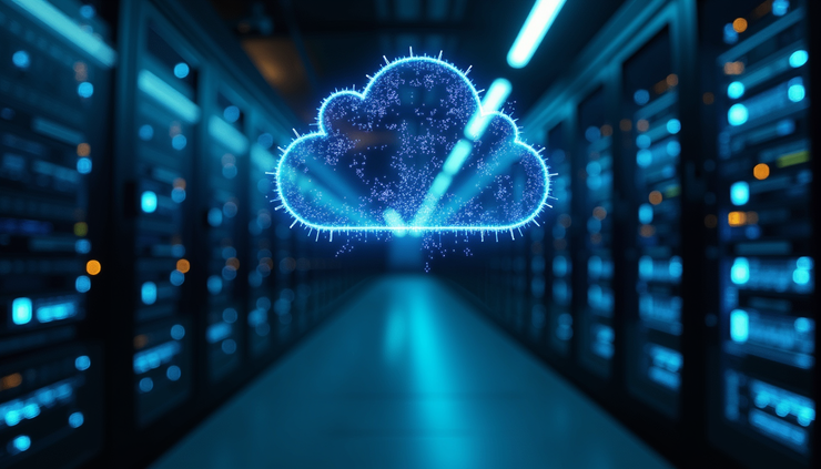 Eye-level view of a server rack with cloud network connections