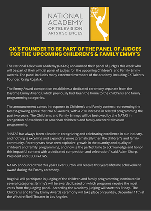 CK's founder to be part of the panel of Judges for the Upcoming Children's & Family Emmy Awards 