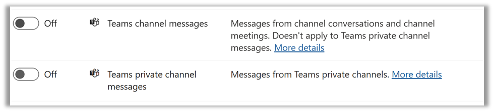 An image showing a section of a page in Microsoft Purview, which allows a static scoped retention policy to be associated with either 'Teams channel messages' or with 'Terms private channel messages'.