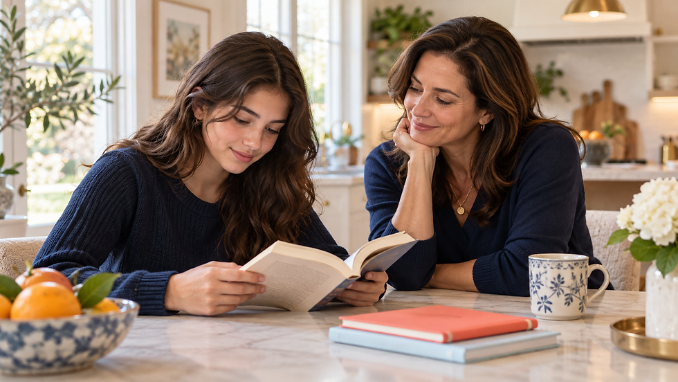 A high-school student reads at home with her mother nearby, building a calm foundation for future SAT preparation.