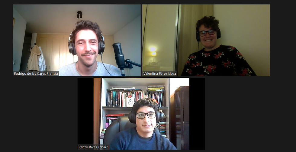 Valentina Pérez, Renzo Rivas y Rodrigo De las Casas en el podcast de Filosofía Afilada