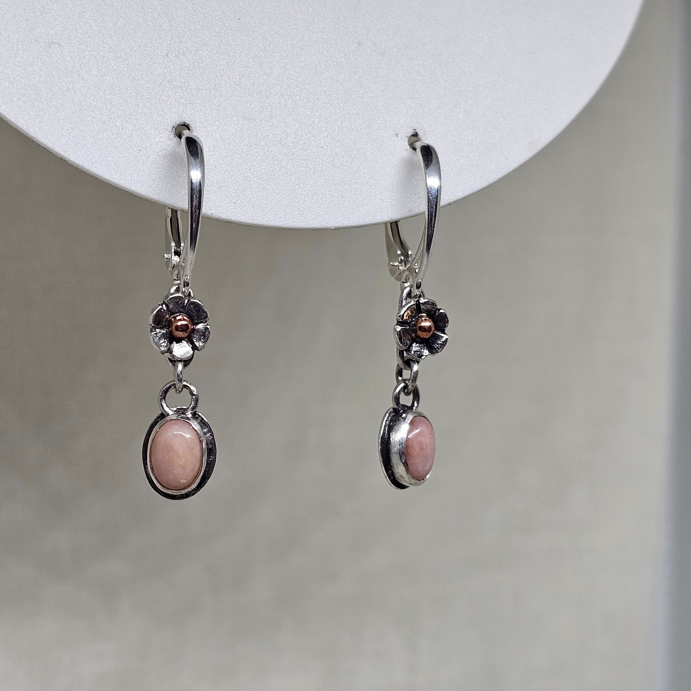 Pink opal and copper leverback earrings