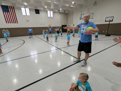 Basketball camp Coach Nick tells kids what to do, Cedar Rapids, Good Shepherd