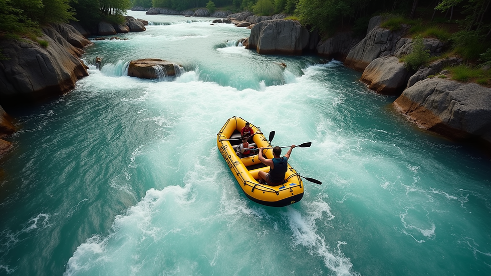 High angle view of a raft approaching a rapid with a guide steering