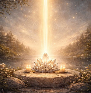 Vertical column of golden light rising from a crystal altar on stone, symbolizing steady ongoing energetic support and long-term spiritual alignment.