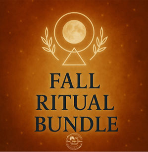 Fall Ritual Bundle featuring a golden full moon symbol with sacred geometry, representing seasonal grounding, release, and balance through full moon and fall equinox light code rituals.