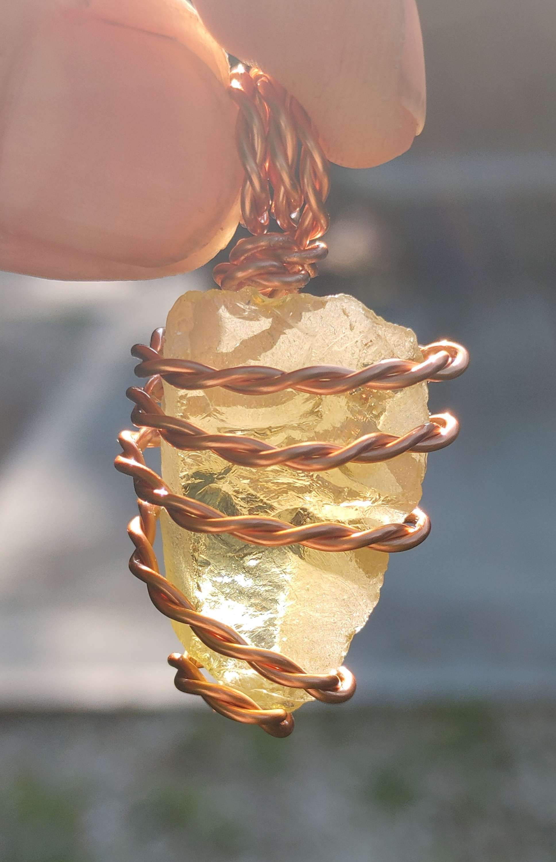 Solar Wolf Amulet: XL Lemon Quartz Facet Grade Gemstone/ Copper Tensor Coil 