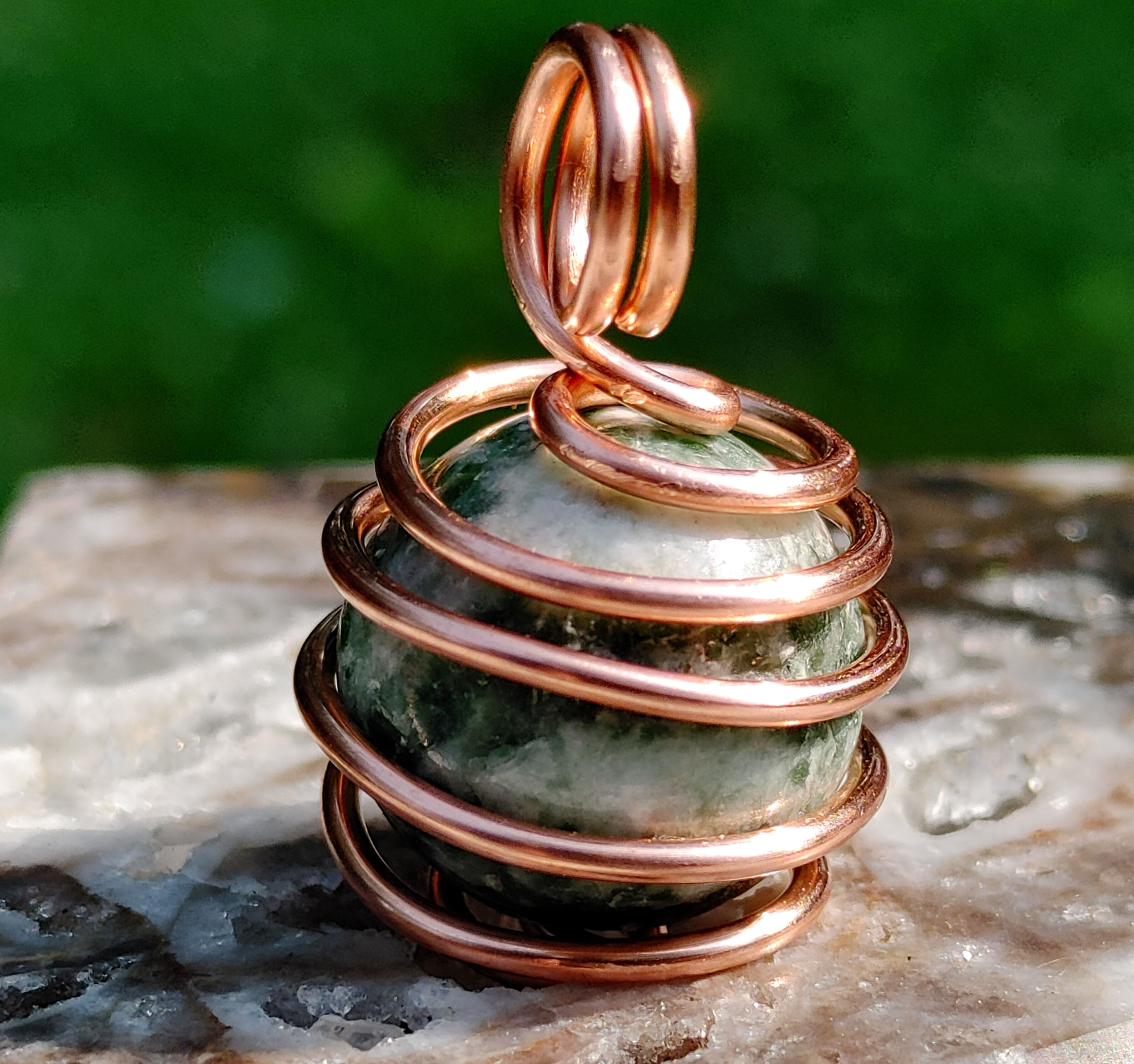 Moss Agate Sphere " Gaia Sight" Copper Coil Spirit flame 432hz Amulet 