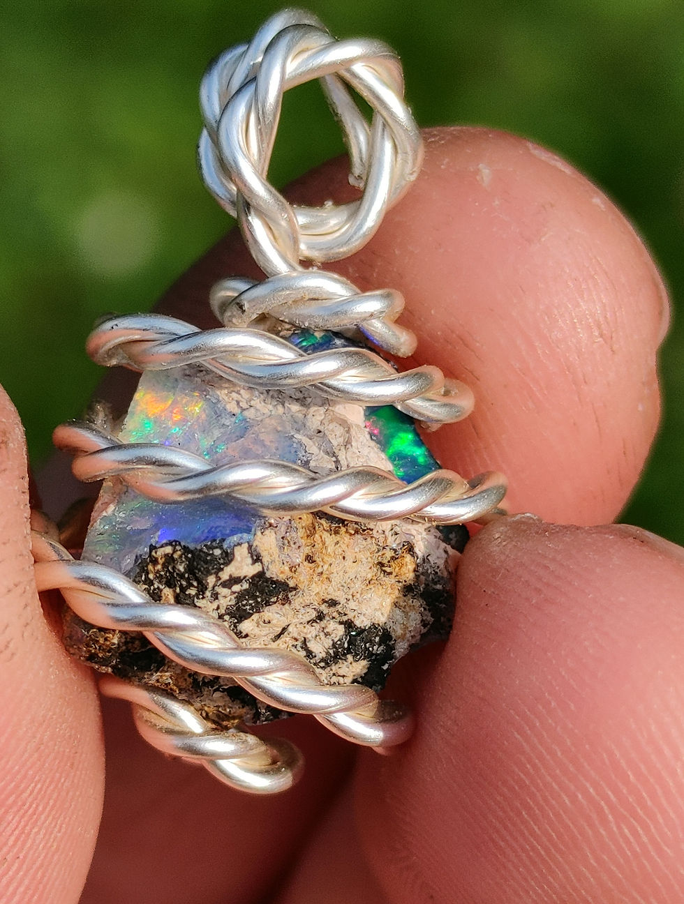 Thumbnail: Jovian Aurora Amulet: Black Opal Gemstone Royal Sacred Cubit Silver Copper Coil 
