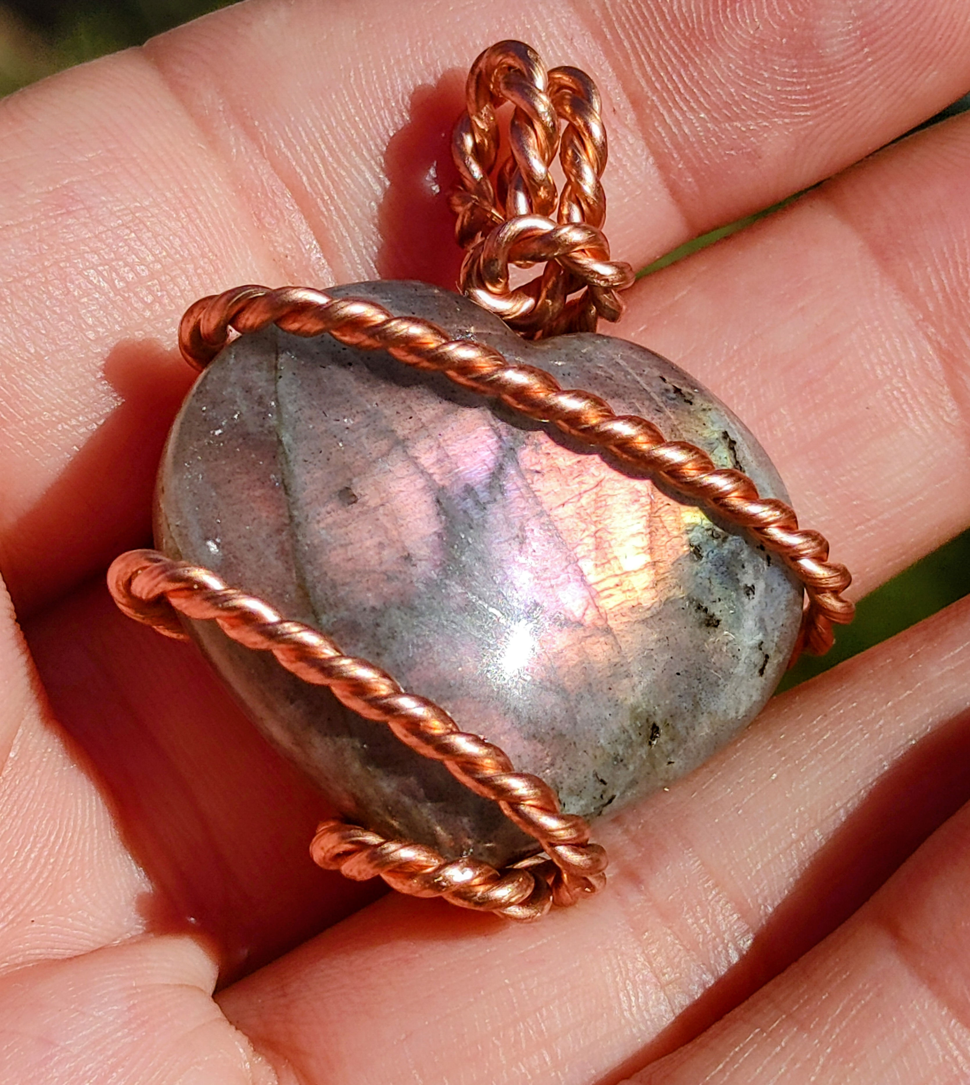 Golden Heart Fire Amulet: Labradorite Heart/ Ra-Mu Cubit Copper Coil 