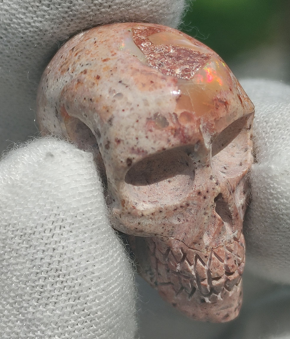 Thumbnail: Solar Flame Matrix Gemstone Skull Amulet: Fire Matrix Rhyolite Opal / Dolmen🙏