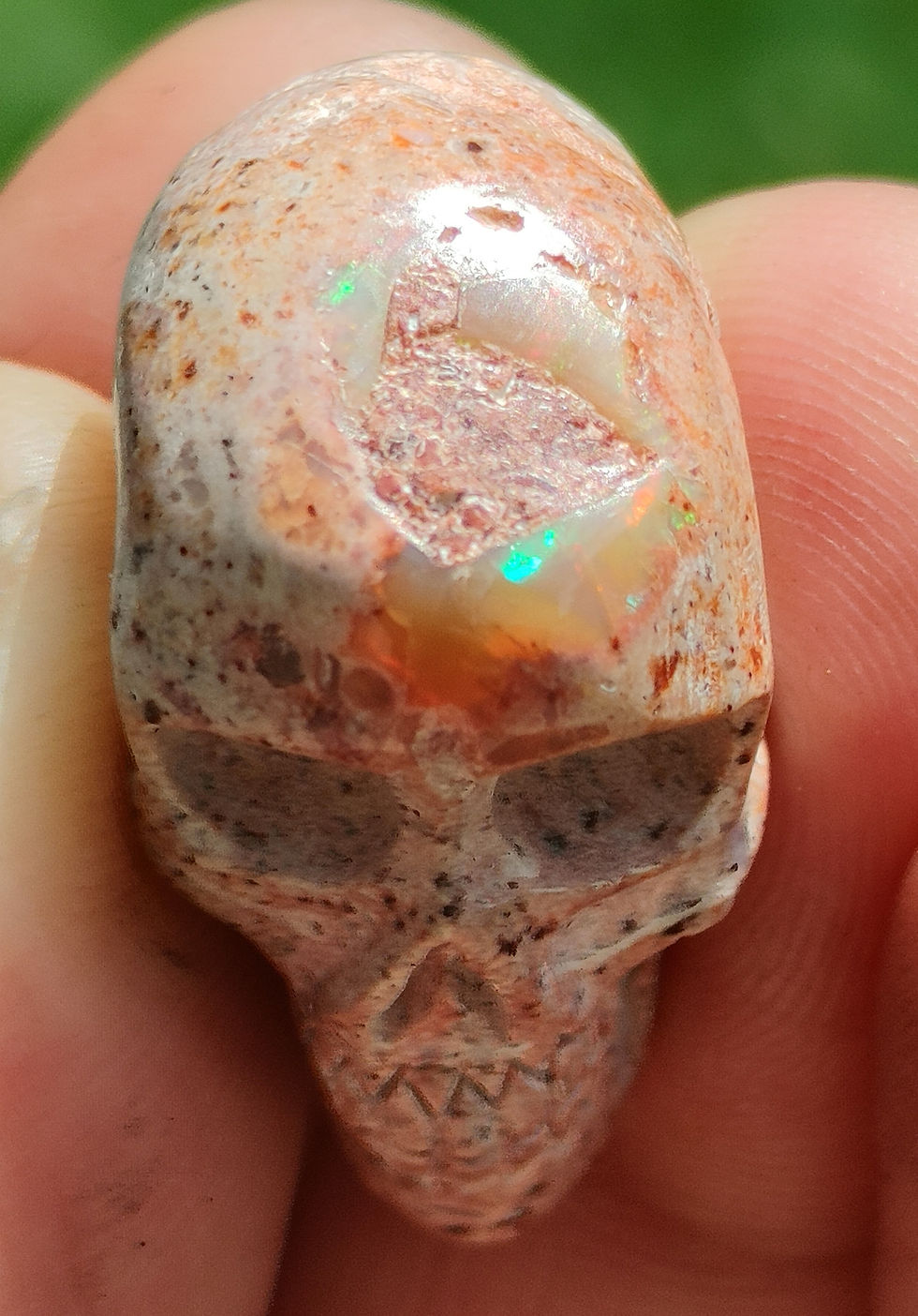Thumbnail: Solar Flame Matrix Gemstone Skull Amulet: Fire Matrix Rhyolite Opal / Dolmen🙏