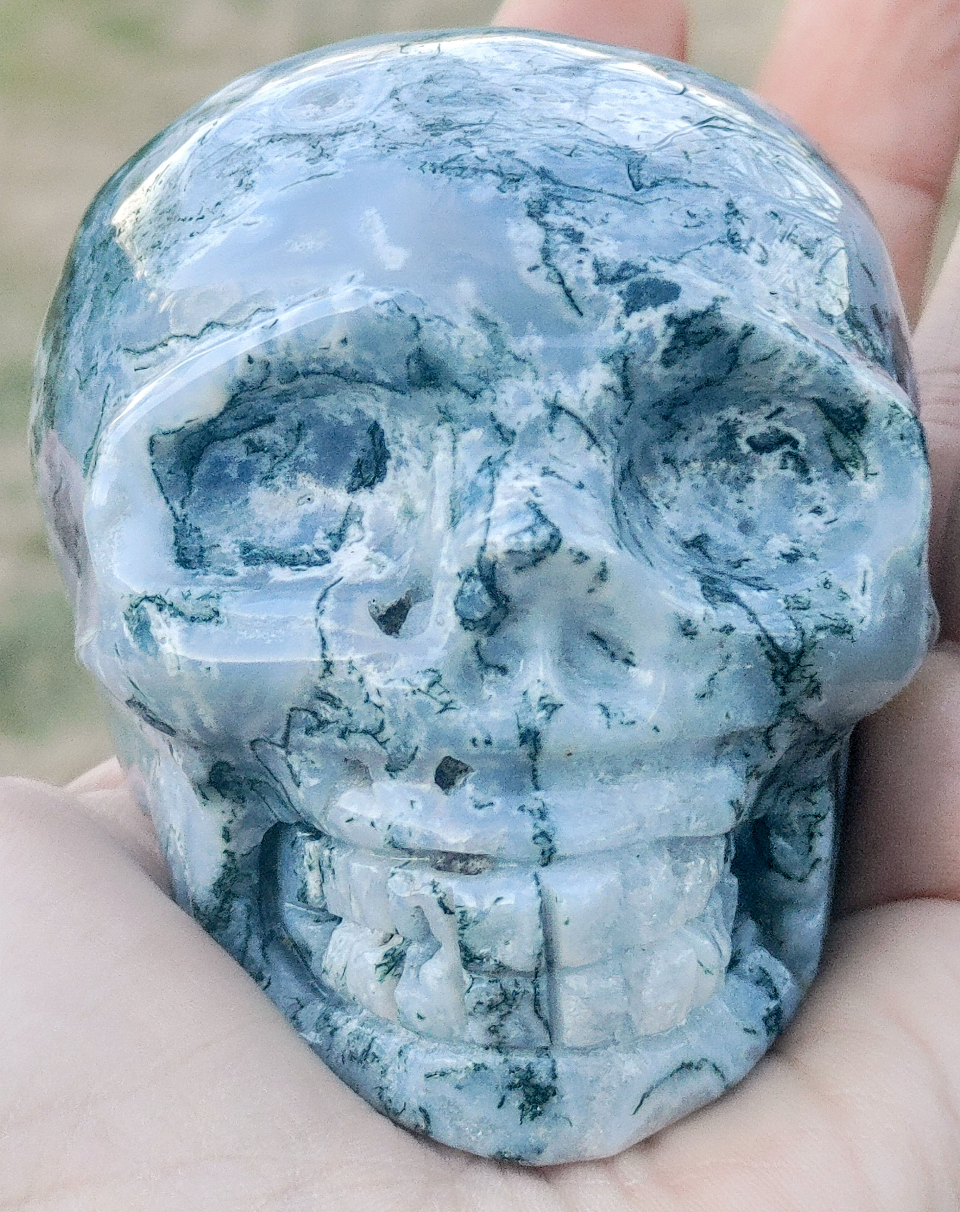 Moss Agate Geode Master Carved Crystal Skull ( 1lb .4 oz) LG Dolmen Imprinted 