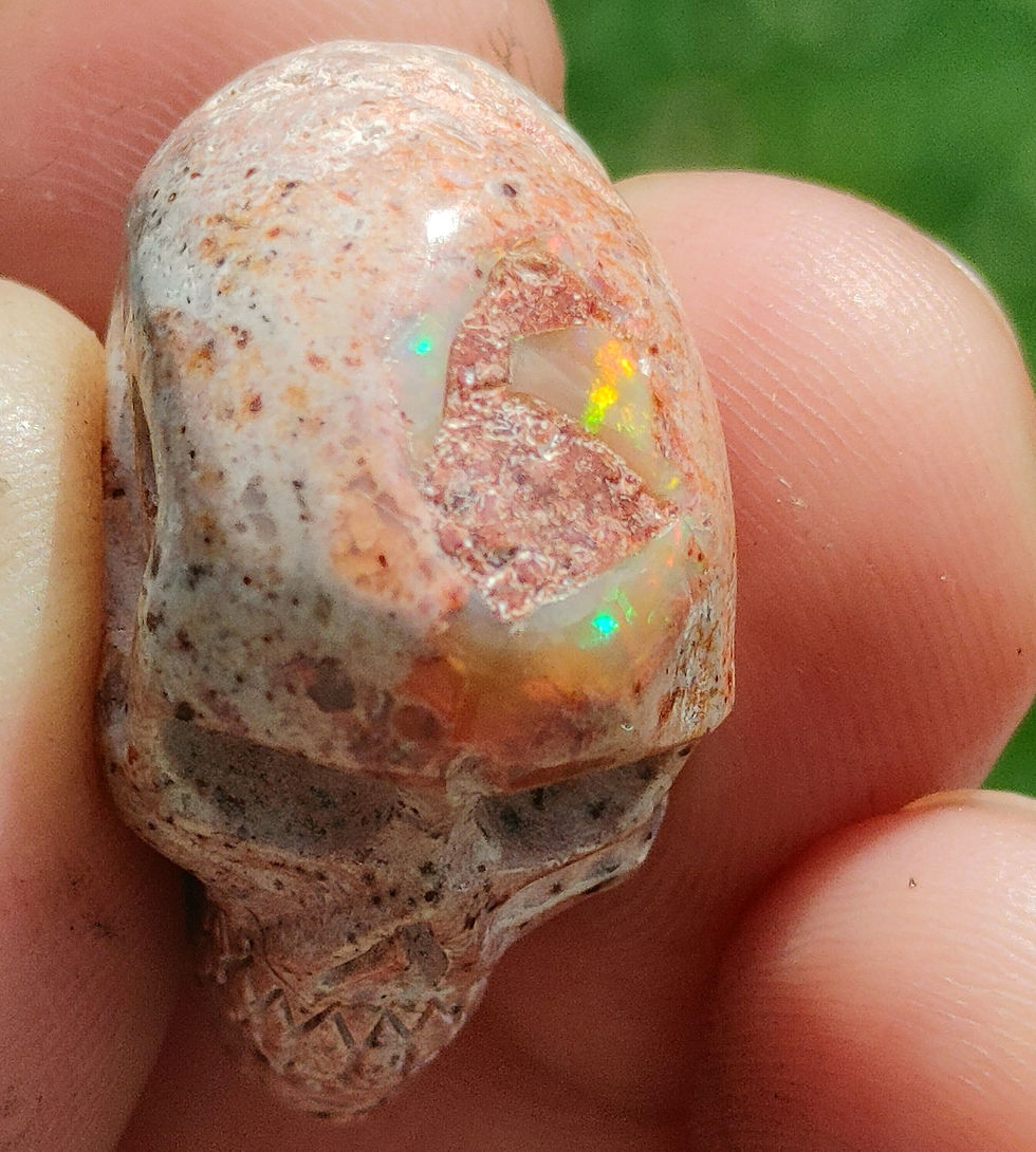 Thumbnail: Solar Flame Matrix Gemstone Skull Amulet: Fire Matrix Rhyolite Opal / Dolmen🙏