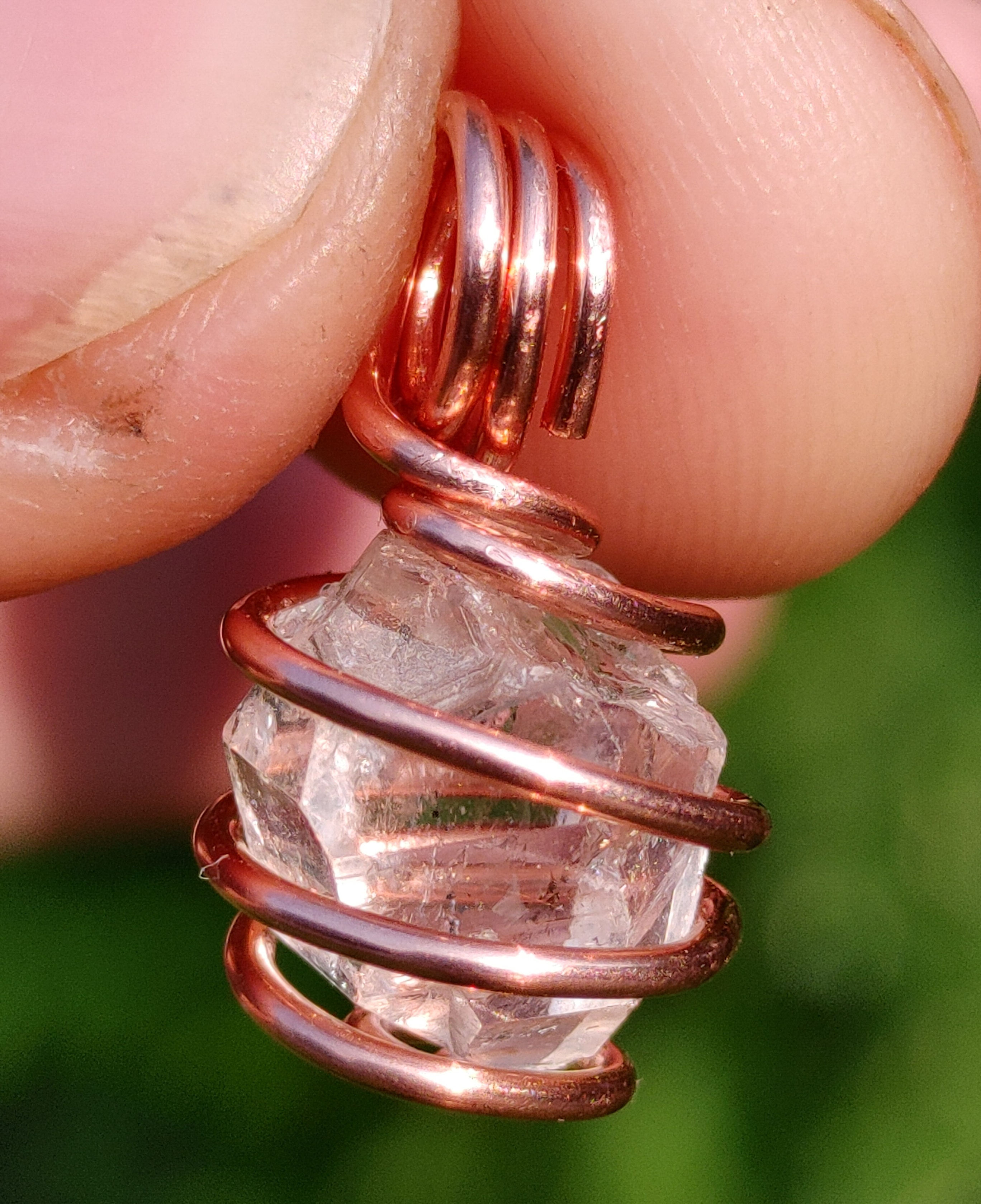 Herkimer Diamond Quartz Copper Coil Amulet 