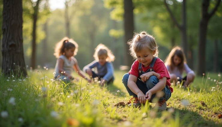Eye-level view of a colorful outdoor learning center with children engaged in nature activities