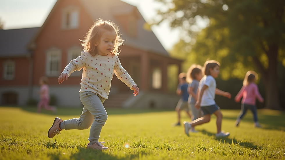 Wide angle view of children playing outside