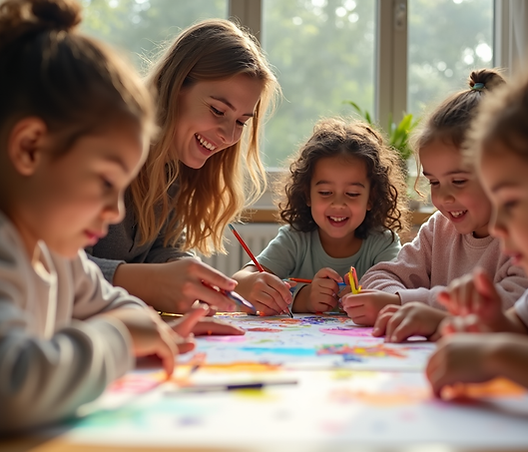 A warm-toned, medium close-up shot of diverse young children happily engaged in a colorful